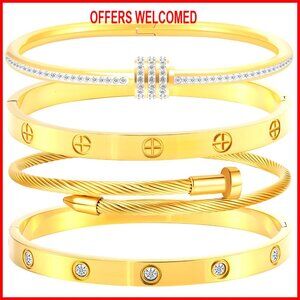 Stainless Steel Bangle Bracelet Set with Sparkling Crystal Inlay